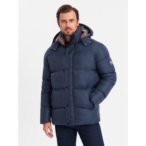 Ombre Men&amp;#039;s puffer jacket with check lining - navy blue Slike