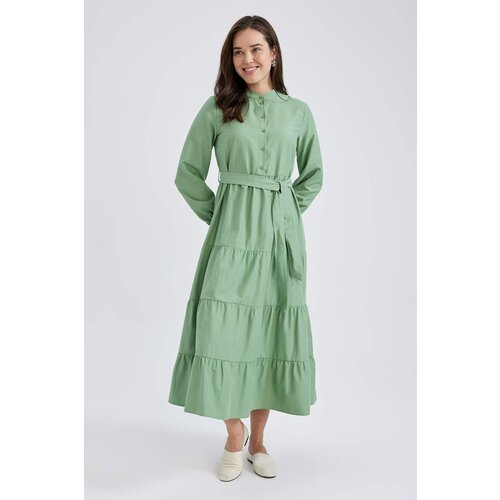 Defacto Crew Neck Basic Belted Long Sleeve Poplin Maxi Dress Slike