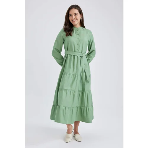 Defacto Crew Neck Basic Belted Long Sleeve Poplin Maxi Dress