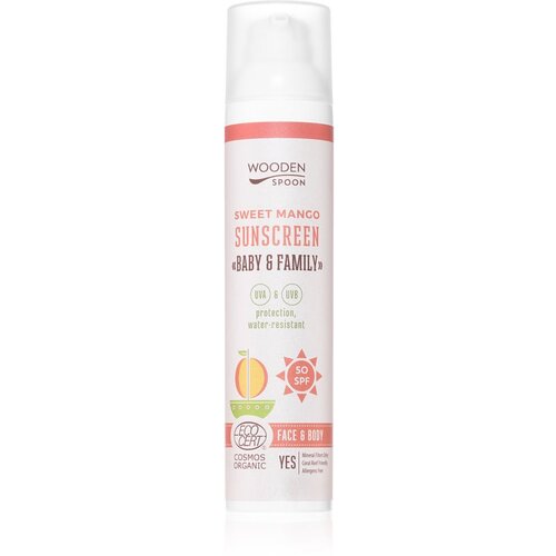 WoodenSpoon Baby &amp;amp; Family Sweet Mango za&amp;scaron;titno mlijeko za sunčanje za cijelu obitelj SPF 50 100 ml Slike