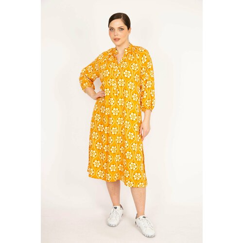 Şans Women's Yellow Plus Size Front Pat Buttoned Woven Viscose Fabric Dress Slike