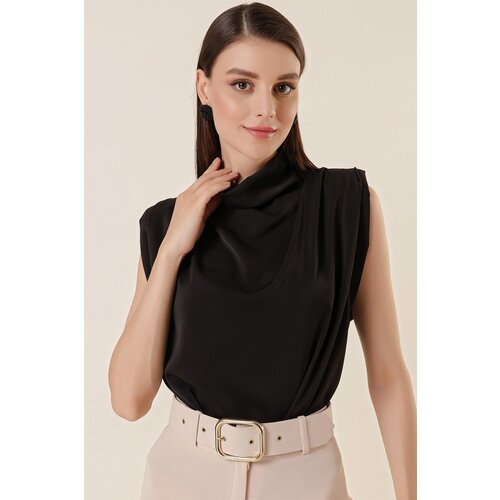 By Saygı Cushioned Crepe Crepe Satin Shirt Black Slike