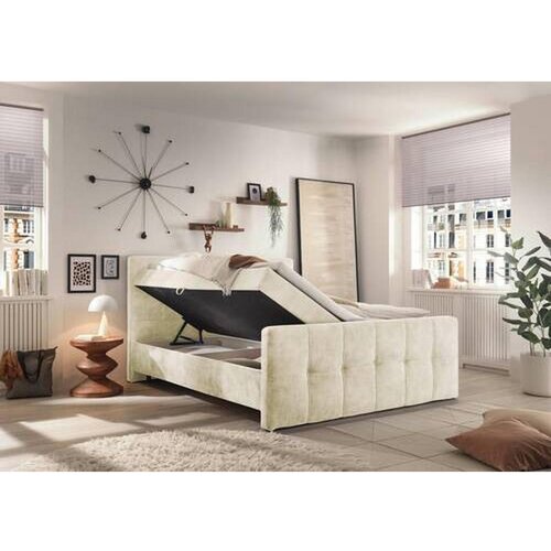 MID.YOU POSTELJA Z VZMETNICO 180 cm x 200 cm , tekstil, leseni material krem barve Slike