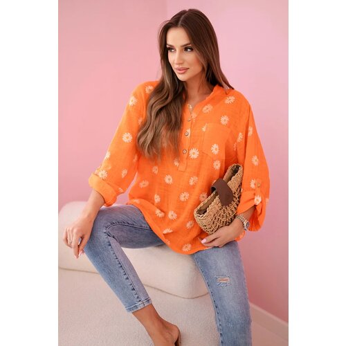 Kesi Włoski Linen Women&amp;#039;s Blouse with Floral Pattern, Long Sleeves, and Buttons Orange Slike