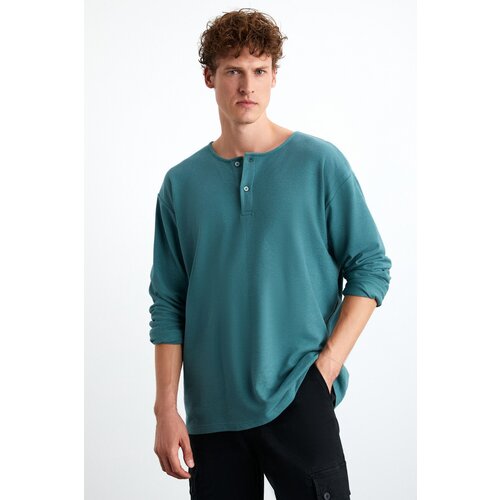 Grimelange Lorenzo Men&amp;#039;s Special Rustic Texture 100% Organic Cotton Button Detailed Regular Green Sweatshir Slike