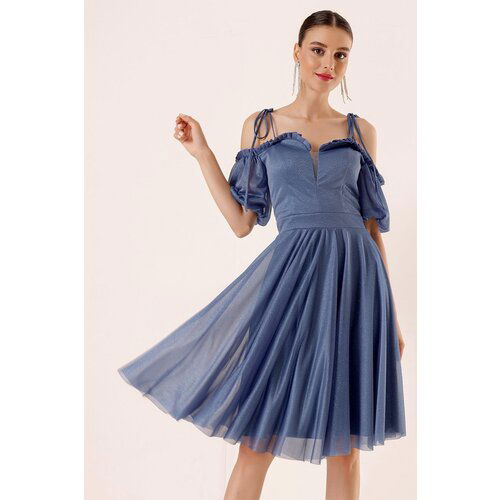 By Saygı Pleated Collar with Balloon Sleeves, Lined Silvery Tulle Dress Indigo. Slike