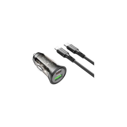  Auto Punjač sa kablom 1m Type-C to iPhone/lightning BOROFONE BZ26A Shadow PD43W USB + Type-C car set transparent black Slike