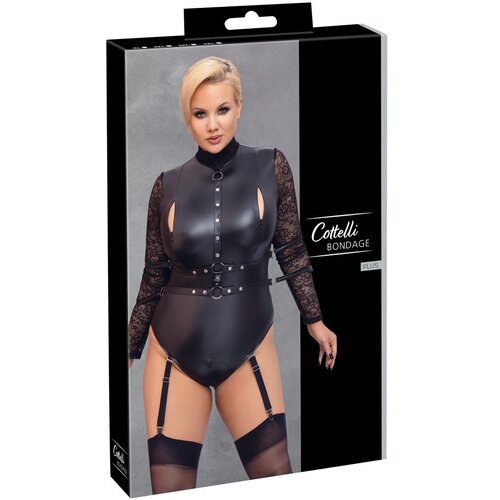 Cottelli Bondage Plus Size - čipkasto telo z rokavi (črno) - 2XL Cene