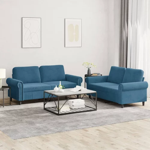  2-dijelni set sofa s jastucima plavi baršunasti