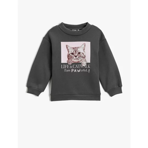 Koton Cat Printed Sweatshirt Long Sleeved Crewneck Collar with Stockings