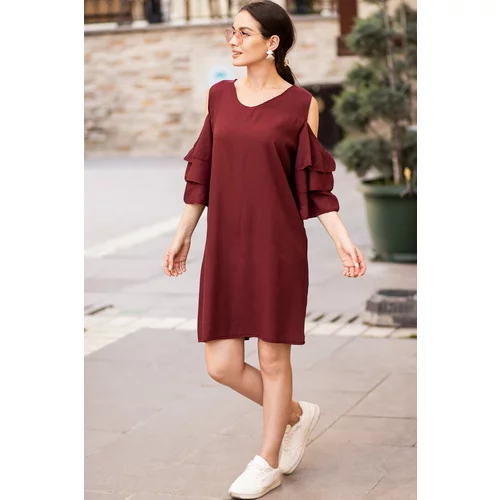 armonika Women's Burgundy V-Neck Dress with Open Shoulders and Ruffled Sleeves