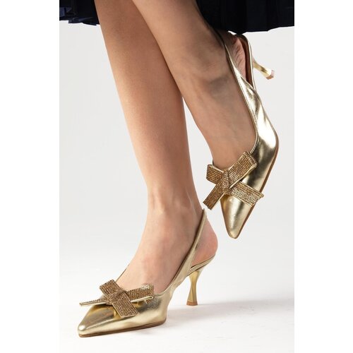 Mio Gusto Sheila Gold-tone Women's Evening Dress with Stones and Bow Accessory Open Back Heels. Slike