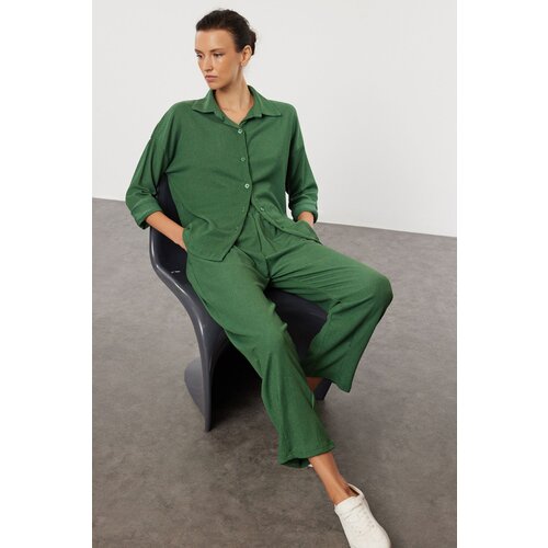 Trendyol Emerald Green Textured/Red Buttoned Relaxed/Comfortable Fit Knitted Bottom-Top Set Slike