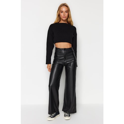 Trendyol black faux leather wide leg pocket detailed knitted trousers Slike