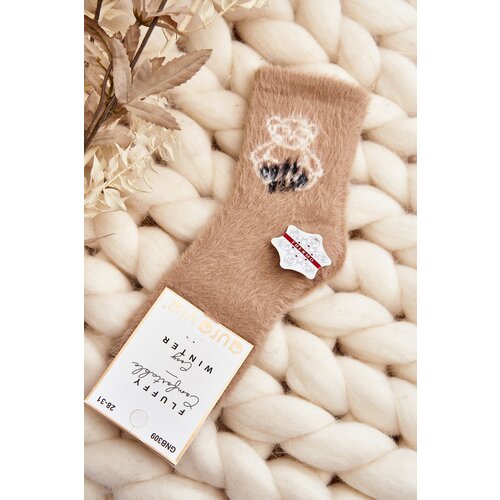 Kesi Children's fur socks with teddy bear, beige Cene