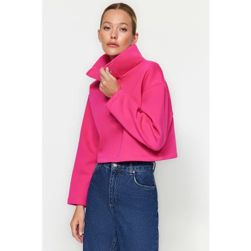 Trendyol Fuchsia Relaxed Cut Crop Stand-up Collar with Snap Fasteners Thick Inside Fleece Knitted Sweatshirt