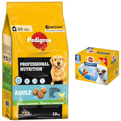 Pedigree Professional Nutrition Adult 12 kg + Dentastix 56 kosov po posebni ceni! - Adult s perutnino in zelenjavo 12 kg + Multi pakiranje (56 kosov) za male pse (5-10 kg) Cijene
