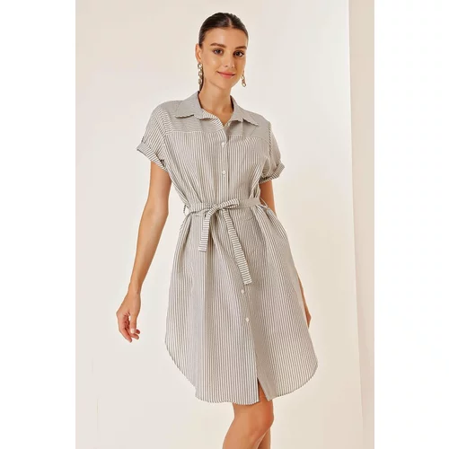 By Saygı Belted Waist, Short Sleeves and Buttons Front Striped Seersucker Dress Gray