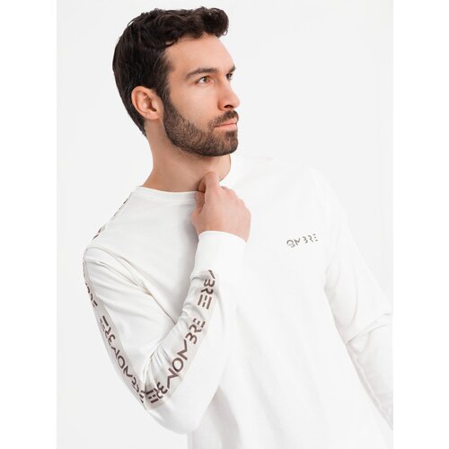 Ombre Men&amp;#039;s cotton U-neck longsleeve with piping and chest print - broken white Slike