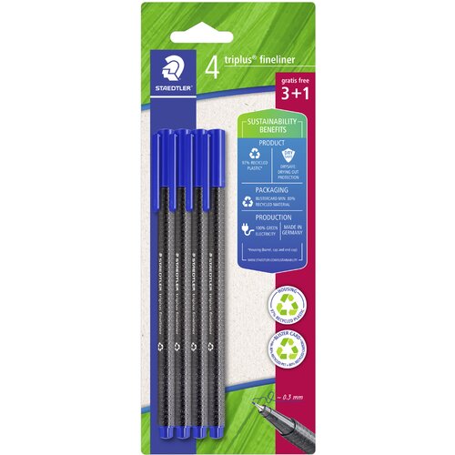 Staedtler Fineliner triplus, modra, pretisni omot po 4 kosi (3+1 GRATIS), (21655501) Slike