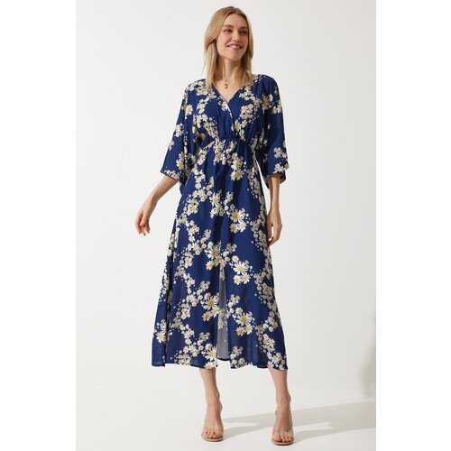  Women&amp;#039;s Navy Blue Yellow Wrap Collar Patterned Summer Viscose Dress Slike