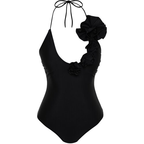 Trendyol Black Deep Decollete Floral Appliqué High Leg Swimsuit Slike