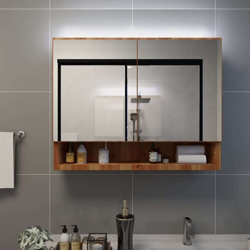 vidaXL LED kopalniška omarica z ogledalom hrast 80x15x60 cm MDF Cene