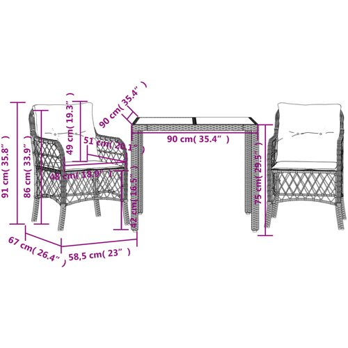  3-dijelni bistro set s jastucima crni od poliratana Crna 90 cm table length Slike
