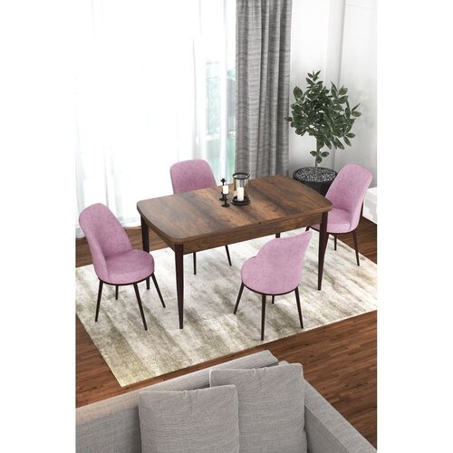 Hanah home trpezarijski set Via, sto na razvlačenje i 4 stolice, ploča u dekoru drveta Baroque, roze tkanina Jerry Cene