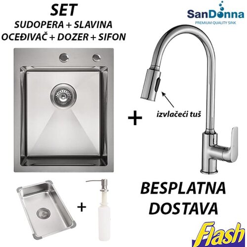  Hrom INOX Sudopera sa slavinom izvlačeći tu&amp;scaron; (SET) - SanDonna - HD4050R Slike