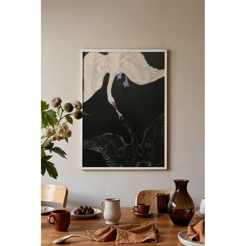 Wallxpert uramljena slika 115199, The Swan Hilme af Klint, beli i crni labud na crno-beloj pozadini, 30 x 40 cm, beli ram Cene