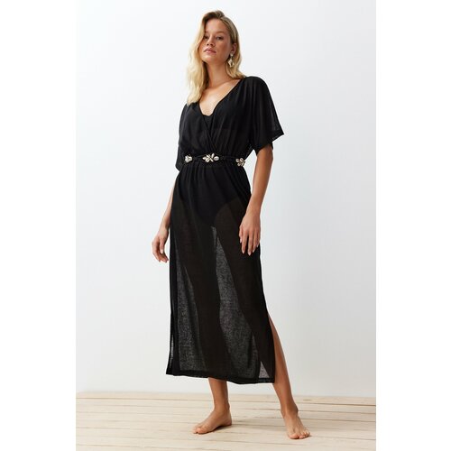 Trendyol Black Maxi Knitted Slit Beach Dress Cene