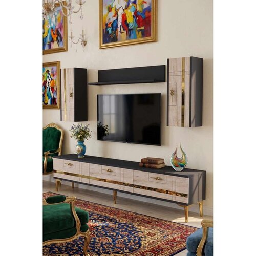 Hanah home TV komoda Ilay, antracit / travertin / zlatna Cene