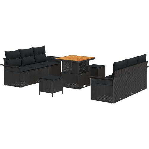 VidaXL set vrtnih sofa od 9 komada s jastučićima Crni Poli Ratan Akacija, dvosjedna vrtna sofa s prostorom za pohranu i jastučićima Crni Poli Ratan, set za vrtno objedovanje od 3 komada s jastučićima Crni Poli Ratan Akacija Slike