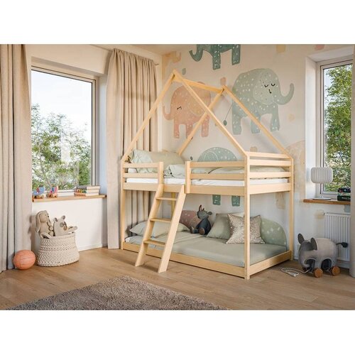 Molarem Home Drveni dječji krevet na kat Sweet - svijetlo drvo - 200x90 - Madrac PE pjena 8 cm-spužvasti madrac Cijene