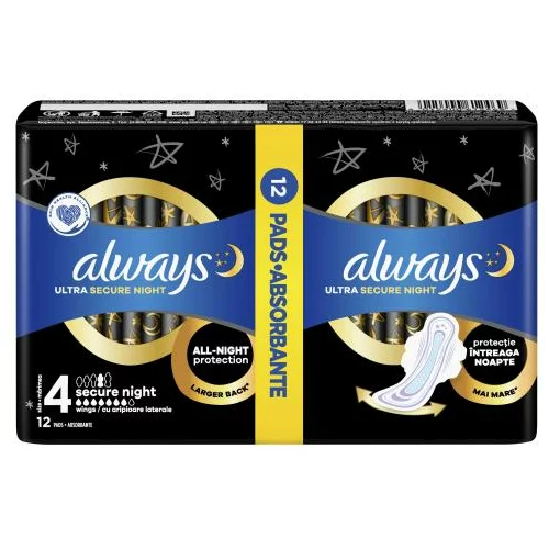 Always Ultra Secure Night Set noćni higijenski uložak s krilcima 12 kom za ženske