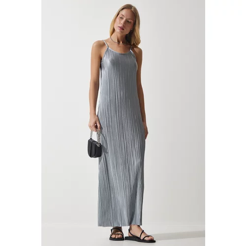 Happiness İstanbul Women's Gray Strappy Summer Pleated Dress