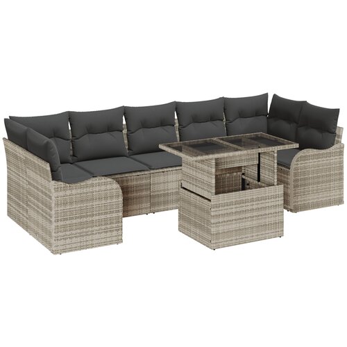 VidaXL 8 Dijelni Vrtni Sofa Set s Jastučićima Svjetlosiva Poli Ratan, 2-sjedalna Vrtna Sofa s Odlaganjem i Jastučićima Svjetlosiva Poli Ratan Slike