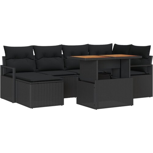 VidaXL set vrtnih sofa od 7 dijelova s jastučićima Crna Poly Ratan Akacija, 2-sjedna vrtna sofa s jastučićima Crna Poly Ratan Slike