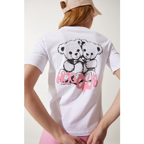  Women's White Teddy Bear Print Knitted T-Shirt