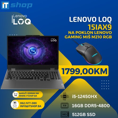 Lenovo LOQ 15IAX9, 15.6” FHD AG 144Hz G-SYNC®, i5-12450HX, (8C, 12MB, up to 4.4GHz), 16GB DDR5, 512GB SSD, NVIDIA® GeForce RTX™ 3050 6GB GDDR6 Cijene