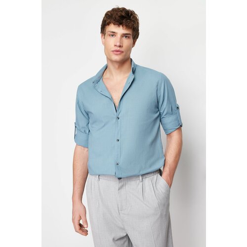 Trendyol Men's Blue Slim Fit Buttoned Collar Epaulette 100% Cotton Shirt Cene