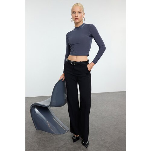 Trendyol Dark Gray Sleeve Gather Detailed Fitted High Collar Crop Stretchy Knitted Blouse Cene