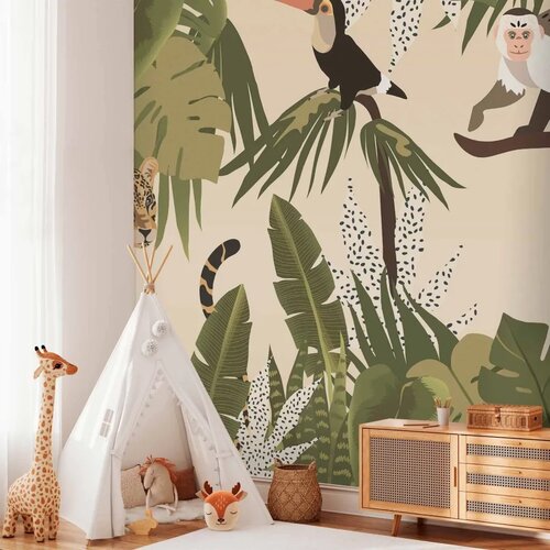  Foto tapeta - Leaves and Shapes - Jungle in Faded Colours With Animals 245x175 Samoljepljiva Cene
