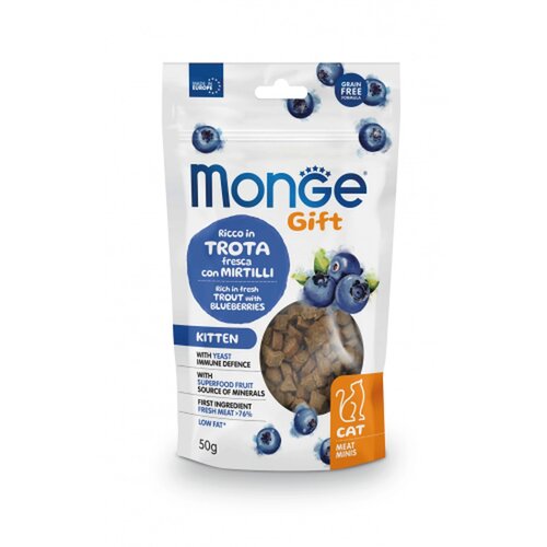 Monge Gift mesni zalogajčići za mačiće, pastrmka i borovnica Slike
