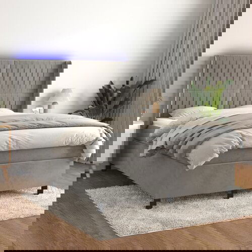 VidaXL Box spring postelja z vzmetnico LED sv. siva 140x190 cm žamet Slike