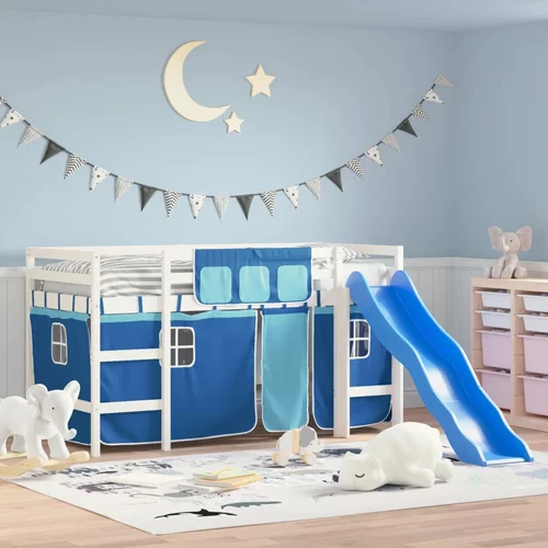 vidaXL Dječji krevet na kat i zavjese plavi 90x200 cm borovina