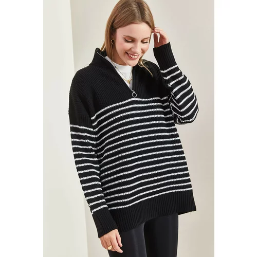 Bianco Lucci Women's Turtleneck Zippered Stripe Knitwear Sweater