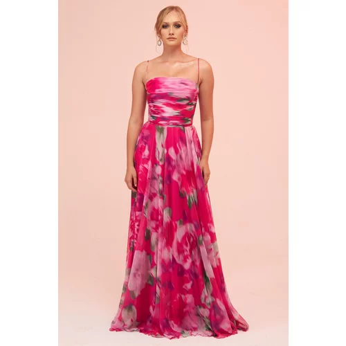 Carmen Fuchsia Straps and Slit Printed Evening Dress
