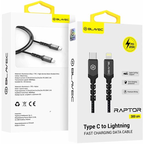 BLAVEC RAPTOR PLETEN KABEL &ndash; TYPE- C NA LIGHTNING &ndash; PD 20W 2.4A 3m črno-siv Cene